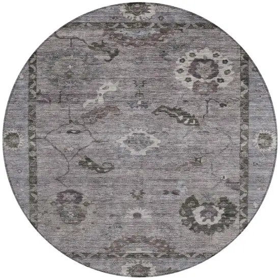 8' Pewter Gray And Silver Round Floral Medallion Washable Indoor Outdoor Area Rug Photo 4