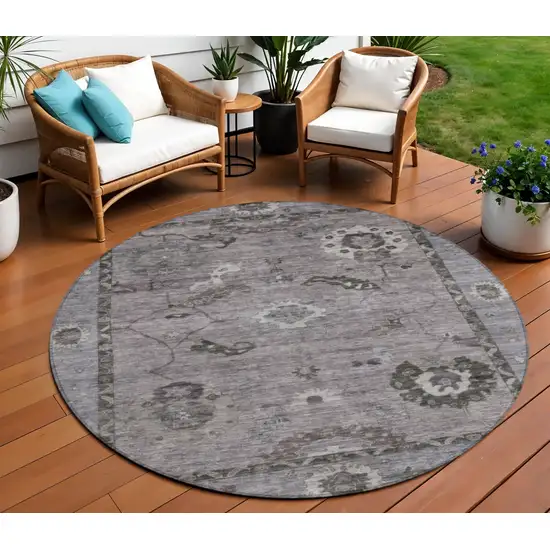 8' Pewter Gray And Silver Round Floral Medallion Washable Indoor Outdoor Area Rug Photo 1
