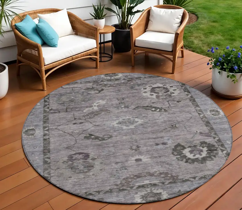 8' Pewter Gray And Silver Round Floral Medallion Washable Indoor Outdoor Area Rug Photo 1