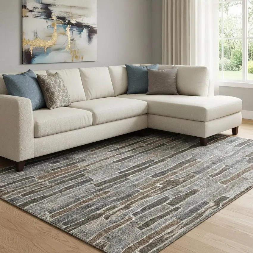 8' Pewter Gray And Silver Striped Washable Area Rug With UV Protection Photo 2