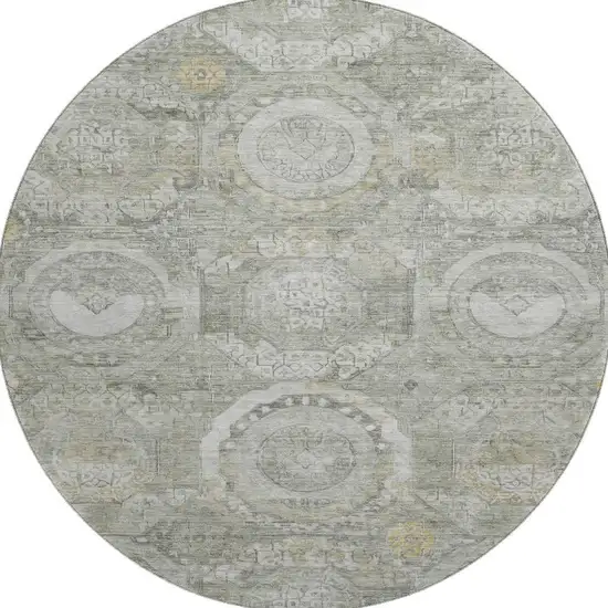 8' Pewter Gray And Wheat Mosaic Washable Round Rug With UV Protection Photo 3
