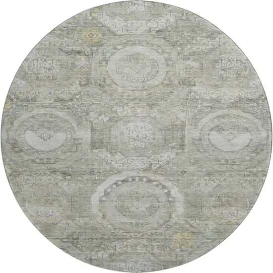 8' Pewter Gray And Wheat Mosaic Washable Round Rug With UV Protection Photo 1