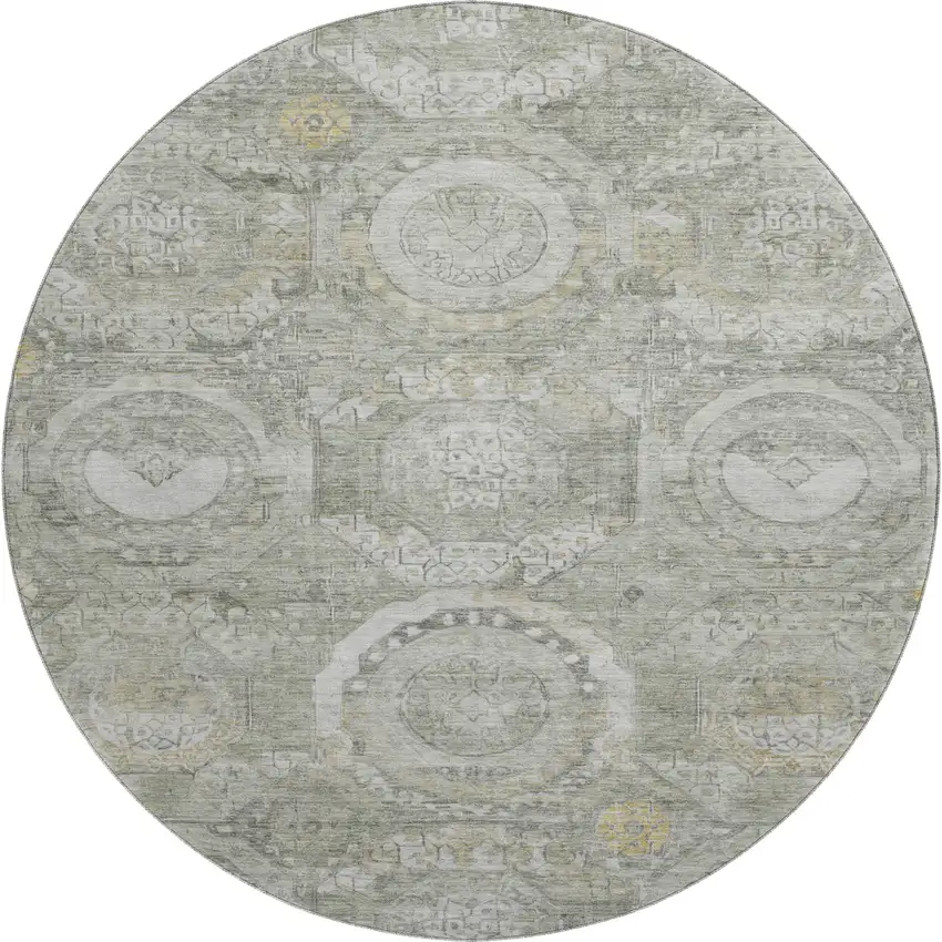 8' Pewter Gray And Wheat Mosaic Washable Round Rug With UV Protection Photo 1