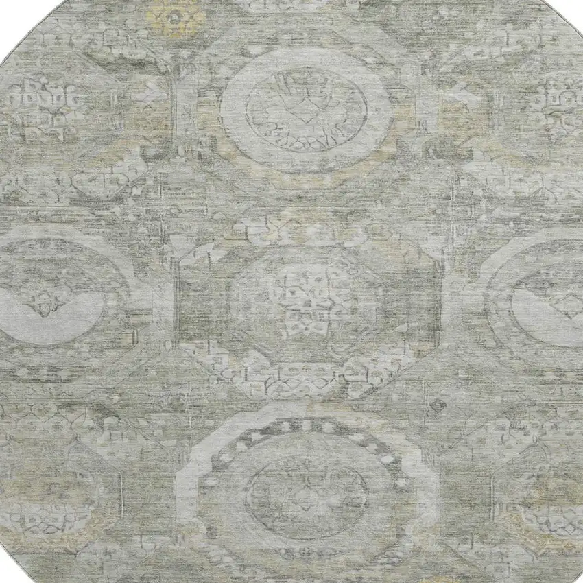 8' Pewter Gray And Wheat Mosaic Washable Round Rug With UV Protection Photo 2
