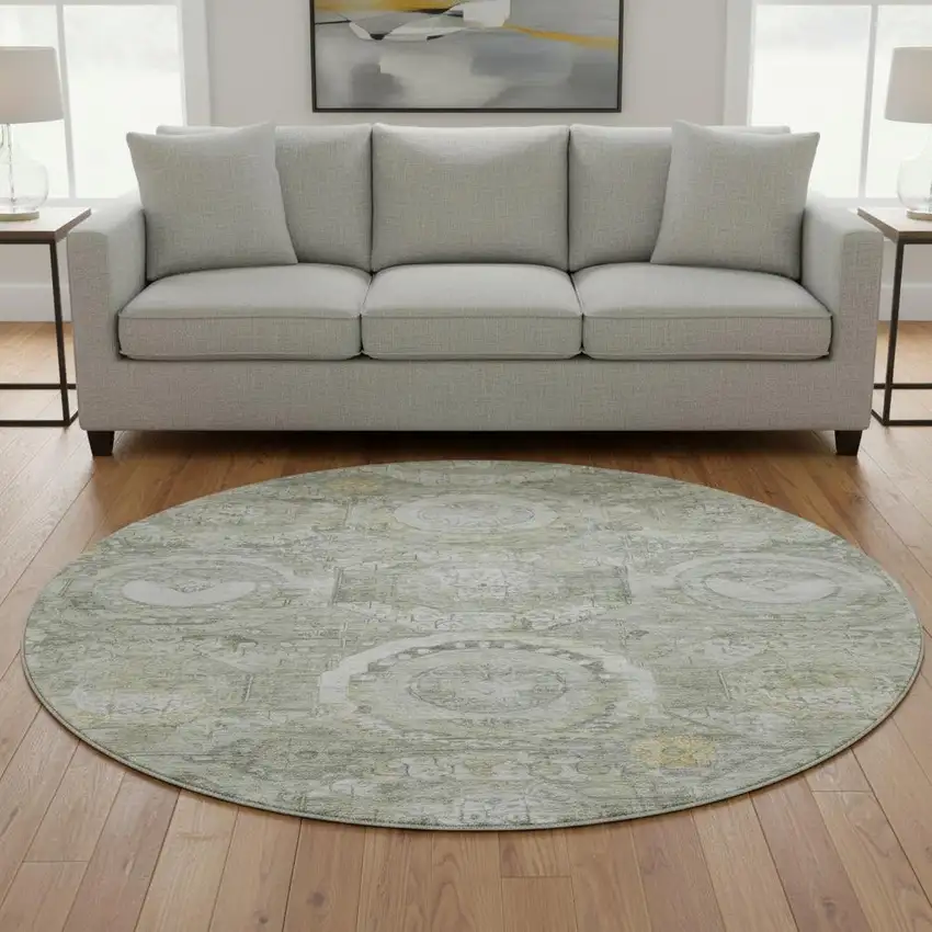 8' Pewter Gray And Wheat Mosaic Washable Round Rug With UV Protection Photo 2