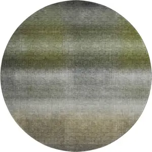 Photo of 8' Pewter Green And Silver Striped Washable Round Rug With UV Protection