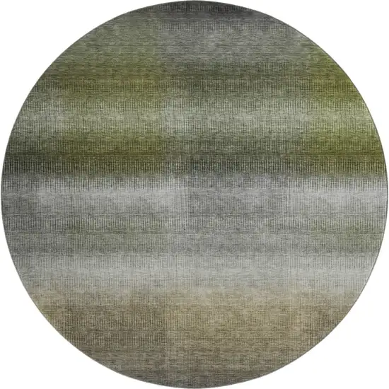8' Pewter Green And Silver Striped Washable Round Rug With UV Protection Photo 1