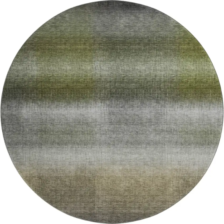 8' Pewter Green And Silver Striped Washable Round Rug With UV Protection Photo 1