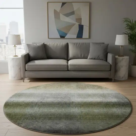 8' Pewter Green And Silver Striped Washable Round Rug With UV Protection Photo 2