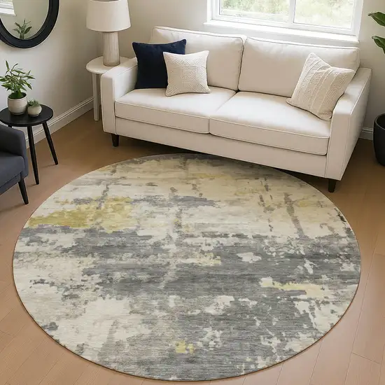 8' Pewter Ivory And Gold Round Abstract Washable Indoor Outdoor Area Rug Photo 5