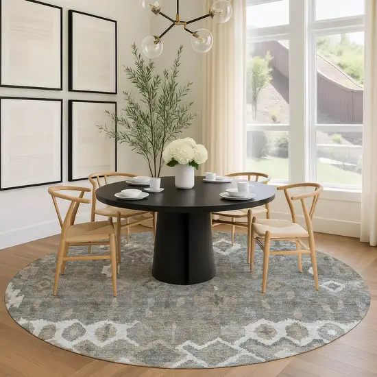 8' Pewter Ivory And Tan Round Geometric Washable Indoor Outdoor Area Rug Photo 9