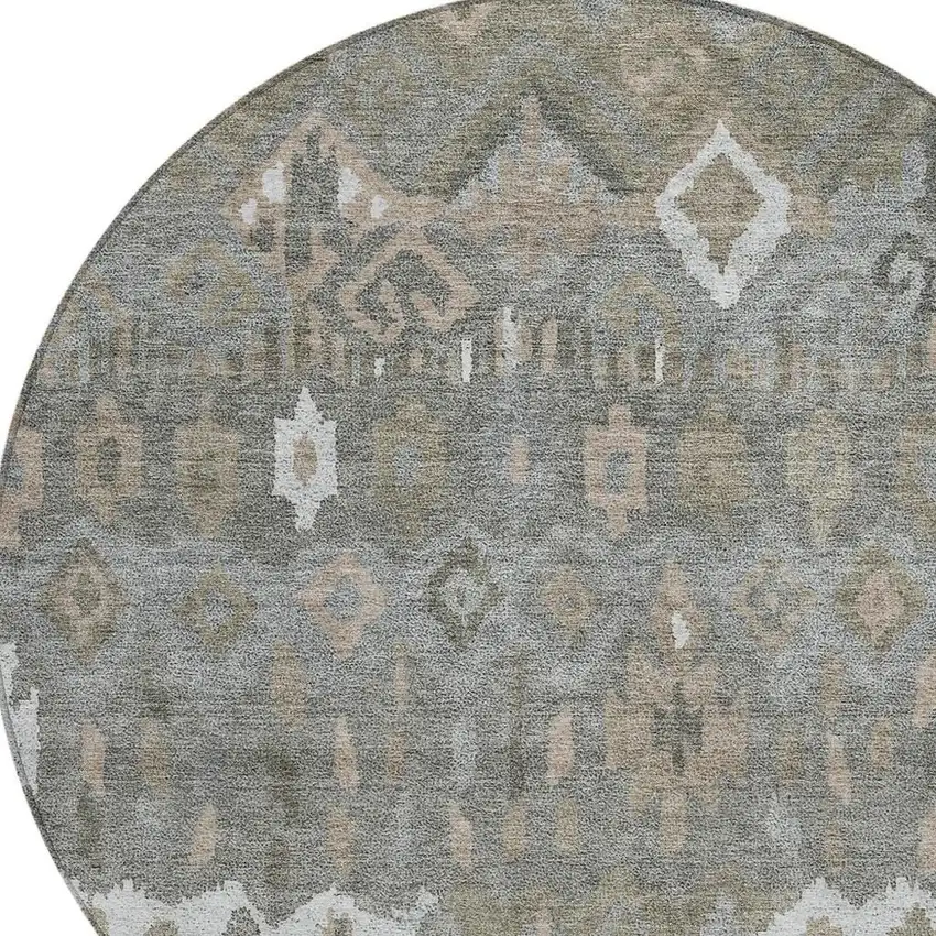 8' Pewter Ivory And Tan Round Geometric Washable Indoor Outdoor Area Rug Photo 7