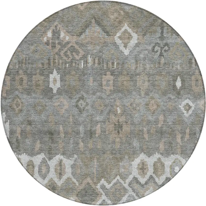8' Pewter Ivory And Tan Round Geometric Washable Indoor Outdoor Area Rug Photo 2