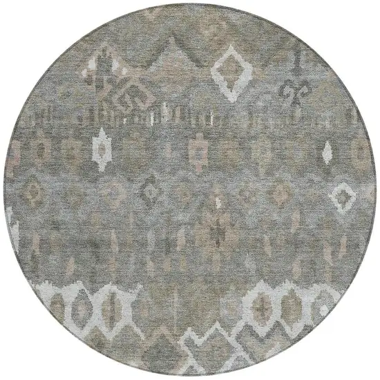 8' Pewter Ivory And Tan Round Geometric Washable Indoor Outdoor Area Rug Photo 4