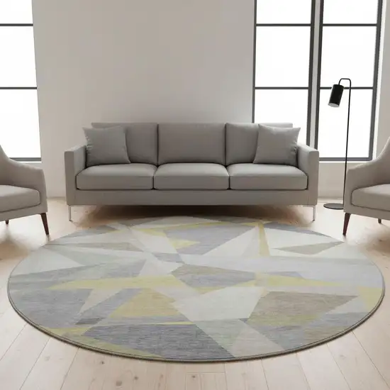 8' Pewter Ivory And Wheat Geometric Washable Round Rug With UV Protection Photo 2