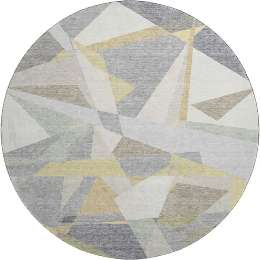 8' Pewter Ivory And Wheat Geometric Washable Round Rug With UV Protection Photo 1