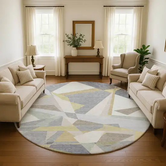 8' Pewter Ivory And Wheat Geometric Washable Round Rug With UV Protection Photo 4