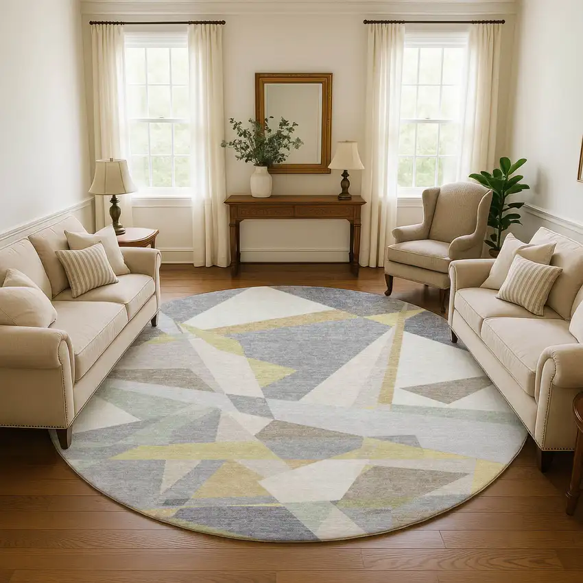 8' Pewter Ivory And Wheat Geometric Washable Round Rug With UV Protection Photo 4