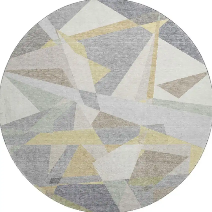 8' Pewter Ivory And Wheat Geometric Washable Round Rug With UV Protection Photo 3