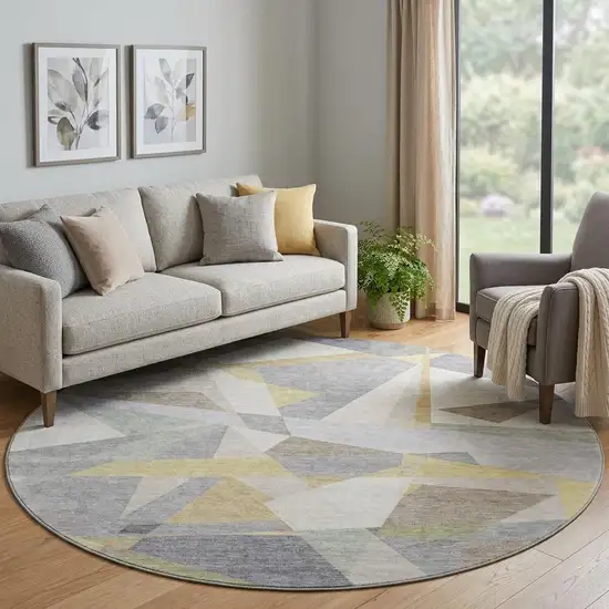 8' Pewter Ivory And Wheat Geometric Washable Round Rug With UV Protection Photo 1