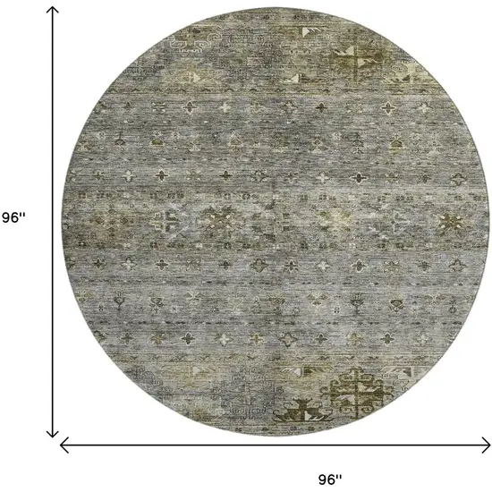 8' Pewter Olive Green And Beige Tribal Washable Round Rug With UV Protection Photo 9