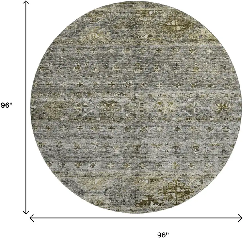 8' Pewter Olive Green And Beige Tribal Washable Round Rug With UV Protection Photo 9
