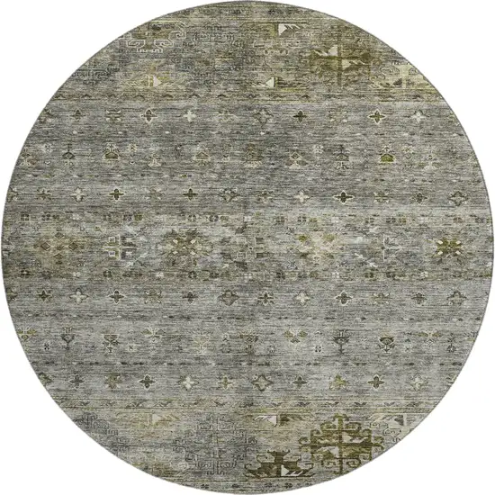 8' Pewter Olive Green And Beige Tribal Washable Round Rug With UV Protection Photo 1