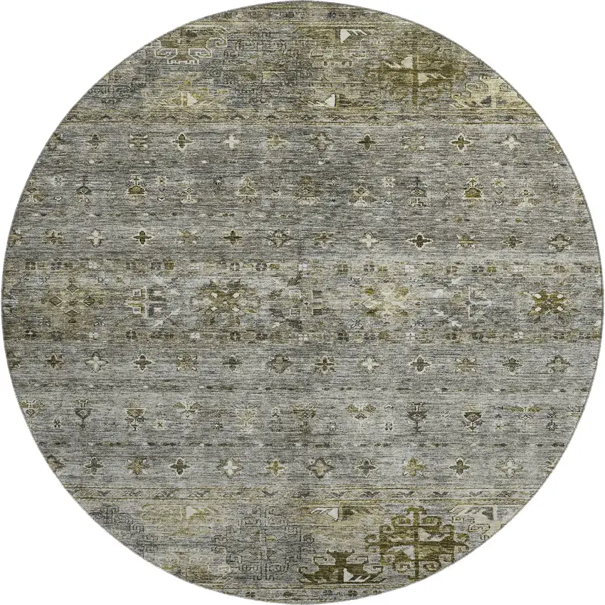8' Pewter Olive Green And Beige Tribal Washable Round Rug With UV Protection Photo 1
