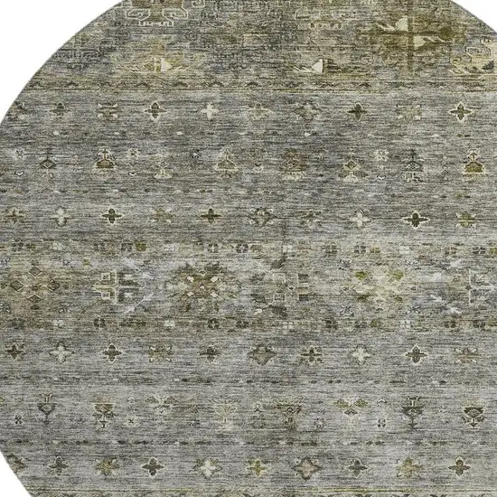 8' Pewter Olive Green And Beige Tribal Washable Round Rug With UV Protection Photo 2