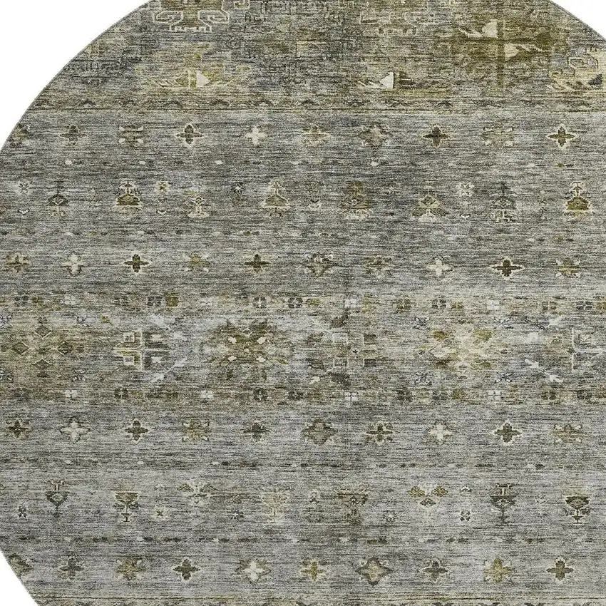 8' Pewter Olive Green And Beige Tribal Washable Round Rug With UV Protection Photo 2