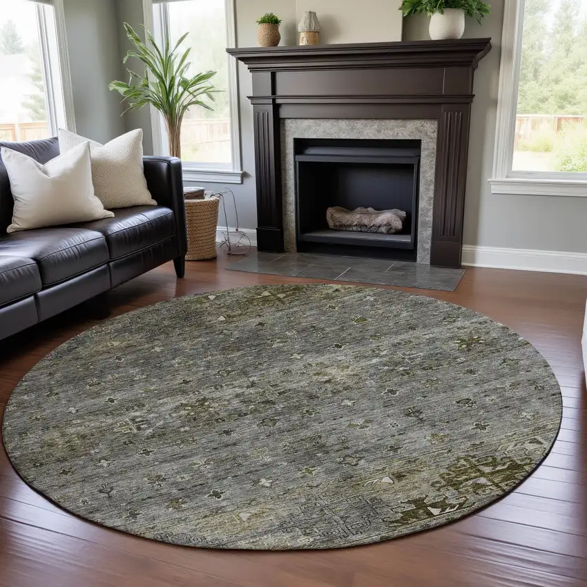 8' Pewter Olive Green And Beige Tribal Washable Round Rug With UV Protection Photo 4