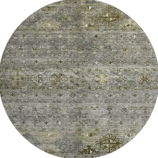8' Pewter Olive Green And Beige Tribal Washable Round Rug With UV Protection Photo 3
