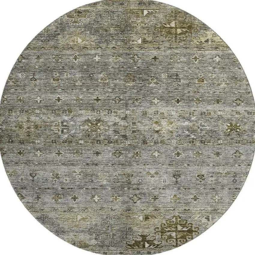 8' Pewter Olive Green And Beige Tribal Washable Round Rug With UV Protection Photo 3