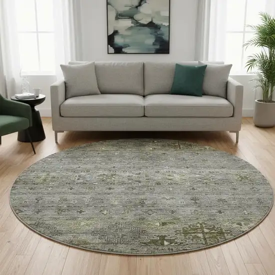 8' Pewter Olive Green And Beige Tribal Washable Round Rug With UV Protection Photo 2