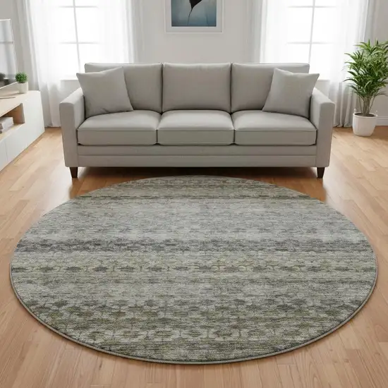 8' Pewter Olive Green And Silver Striped Washable Round Rug With UV Protection Photo 2