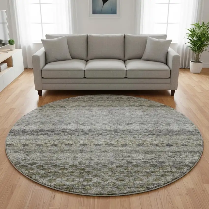 8' Pewter Olive Green And Silver Striped Washable Round Rug With UV Protection Photo 2