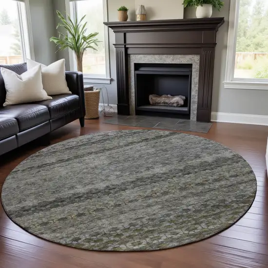 8' Pewter Olive Green And Silver Striped Washable Round Rug With UV Protection Photo 4