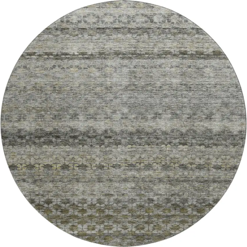 8' Pewter Olive Green And Silver Striped Washable Round Rug With UV Protection Photo 1
