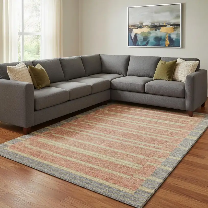 8' Pewter Salmon And Gold Striped Washable Area Rug With UV Protection Photo 2