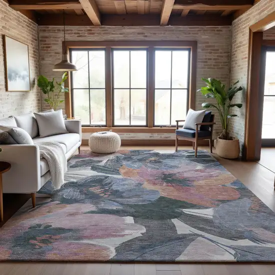 8' Pewter Salmon And Gray Floral Washable Area Rug With UV Protection Photo 5