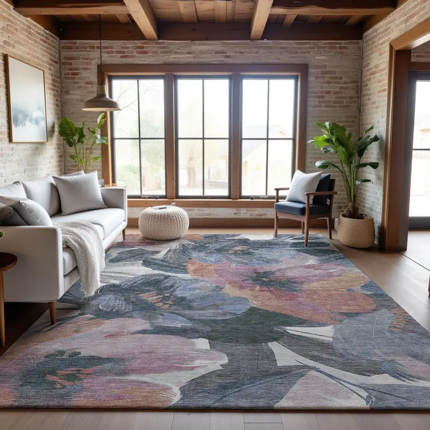 8' Pewter Salmon And Gray Floral Washable Area Rug With UV Protection Photo 5