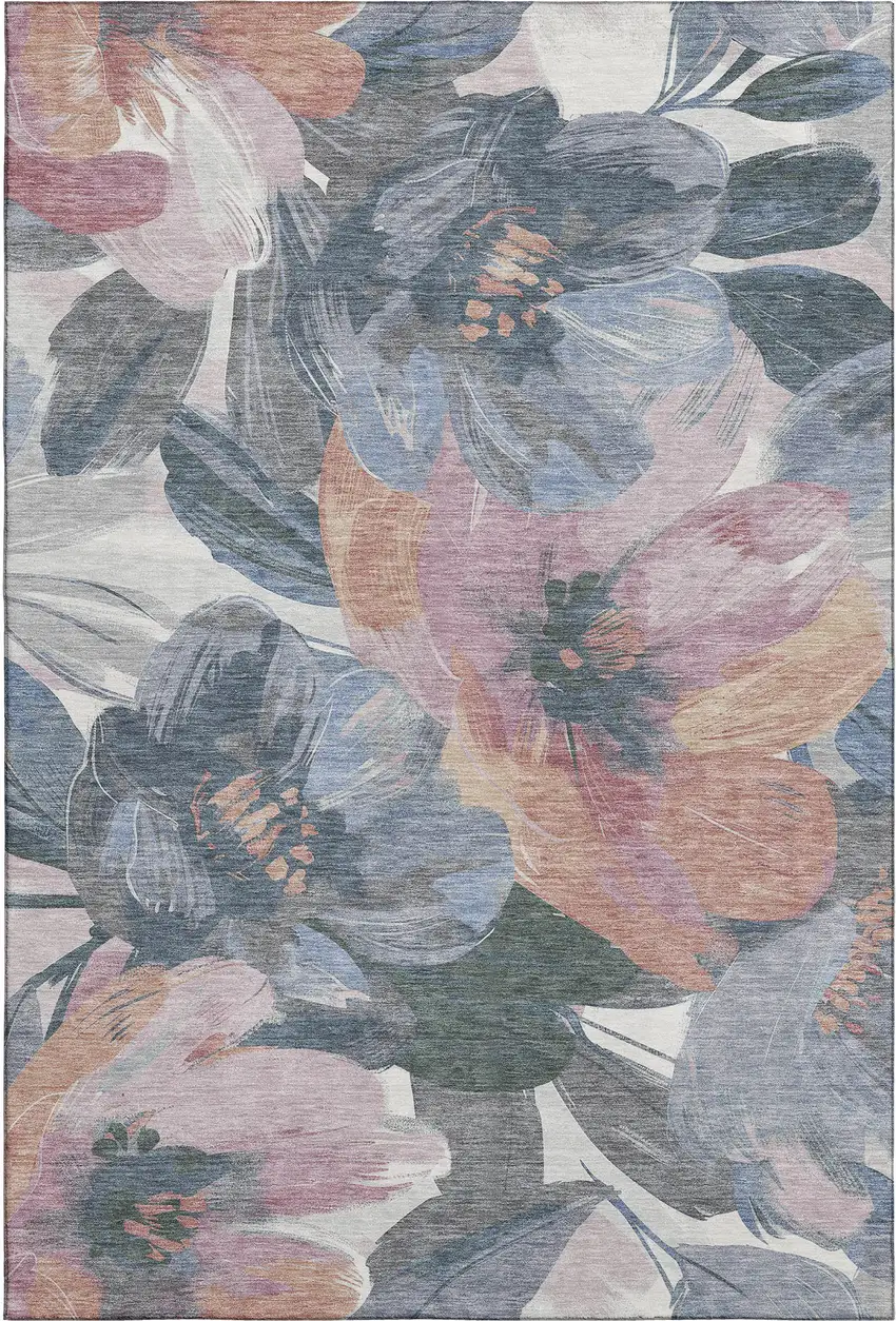 8' Pewter Salmon And Gray Floral Washable Area Rug With UV Protection Photo 1
