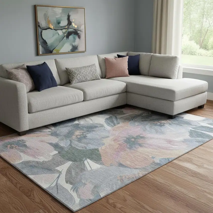 8' Pewter Salmon And Gray Floral Washable Area Rug With UV Protection Photo 2