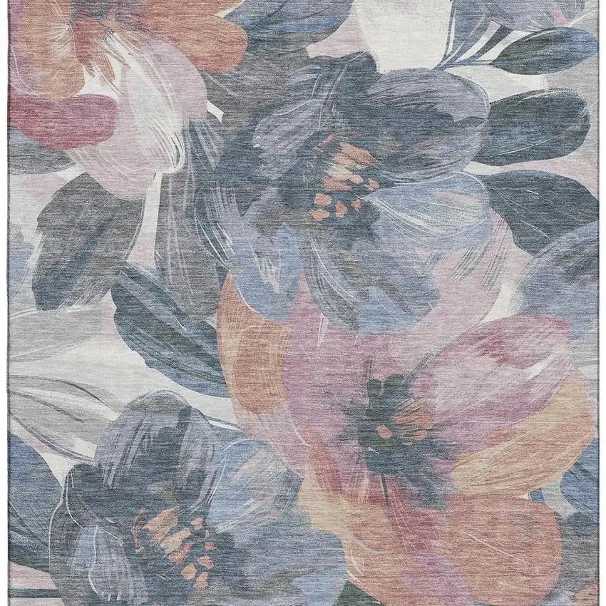 8' Pewter Salmon And Gray Floral Washable Area Rug With UV Protection Photo 3