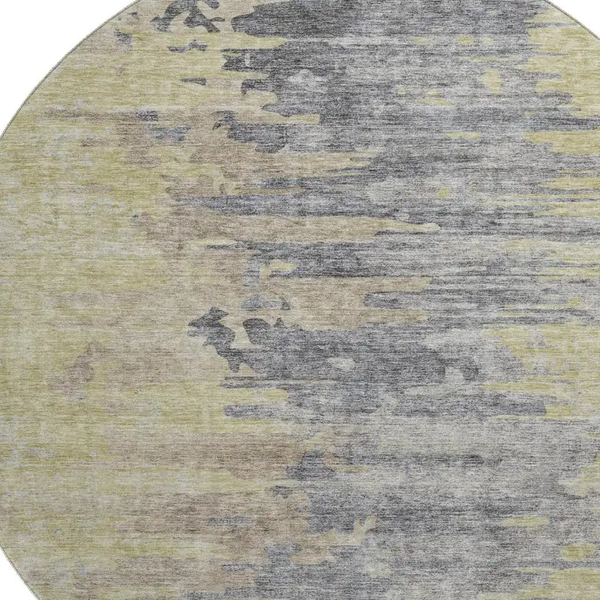 8' Pewter Silver And Gold Abstract Washable Round Rug With UV Protection Photo 2