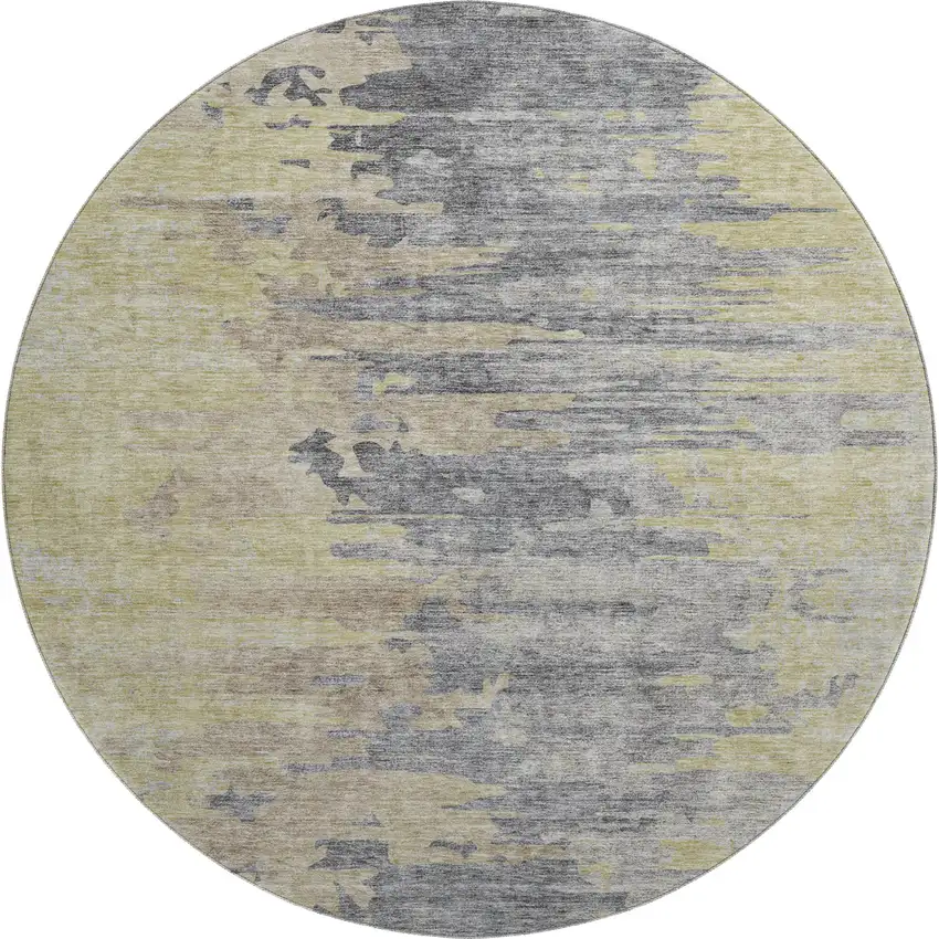 8' Pewter Silver And Gold Abstract Washable Round Rug With UV Protection Photo 1
