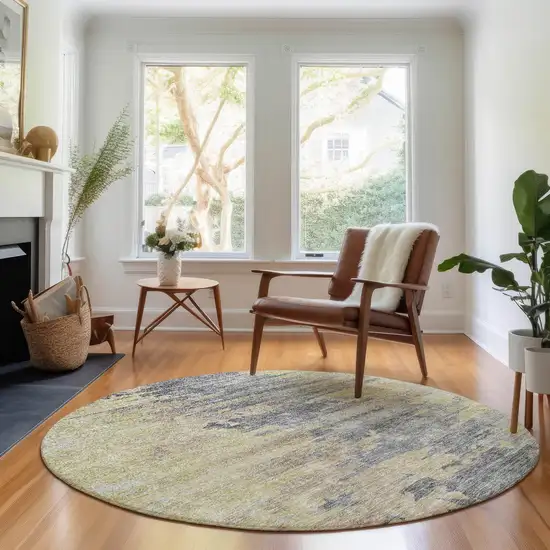 8' Pewter Silver And Gold Abstract Washable Round Rug With UV Protection Photo 4