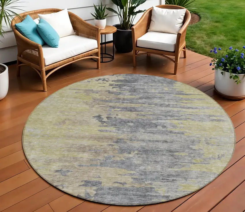 8' Pewter Silver And Gray Round Abstract Washable Indoor Outdoor Area Rug Photo 1