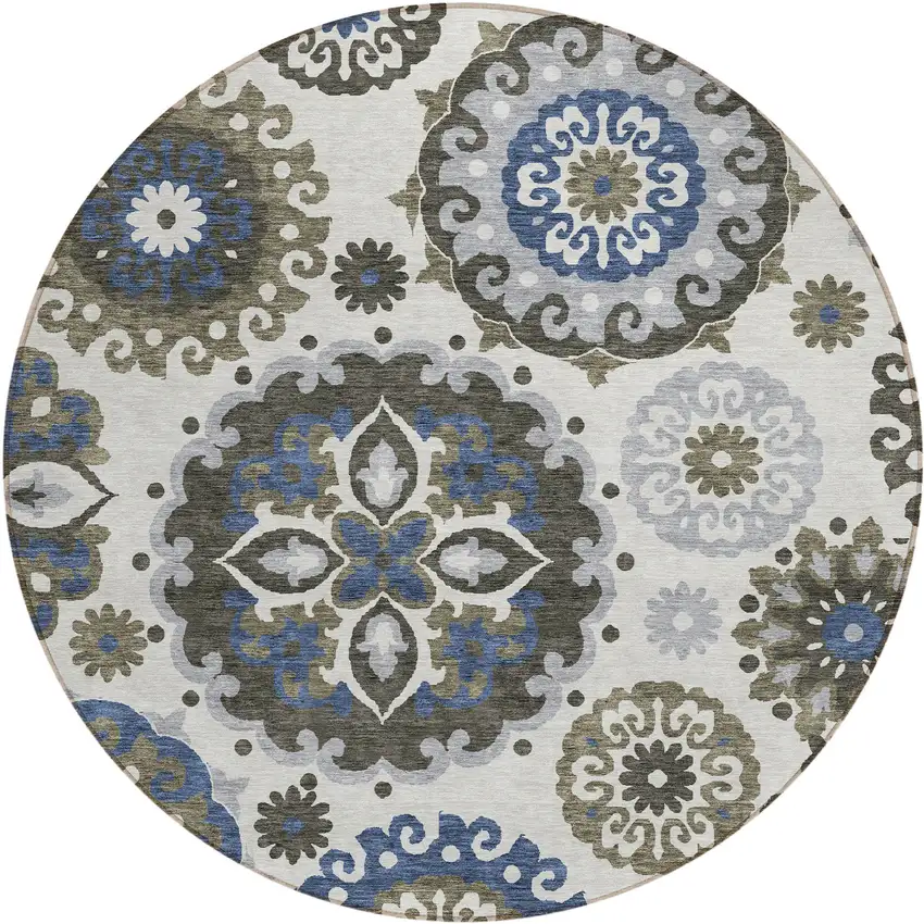 8' Pewter Silver And Gray Round Floral Medallion Washable Indoor Outdoor Area Rug Photo 1