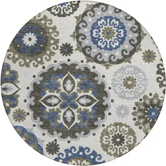 8' Pewter Silver And Gray Round Floral Medallion Washable Indoor Outdoor Area Rug Photo 1